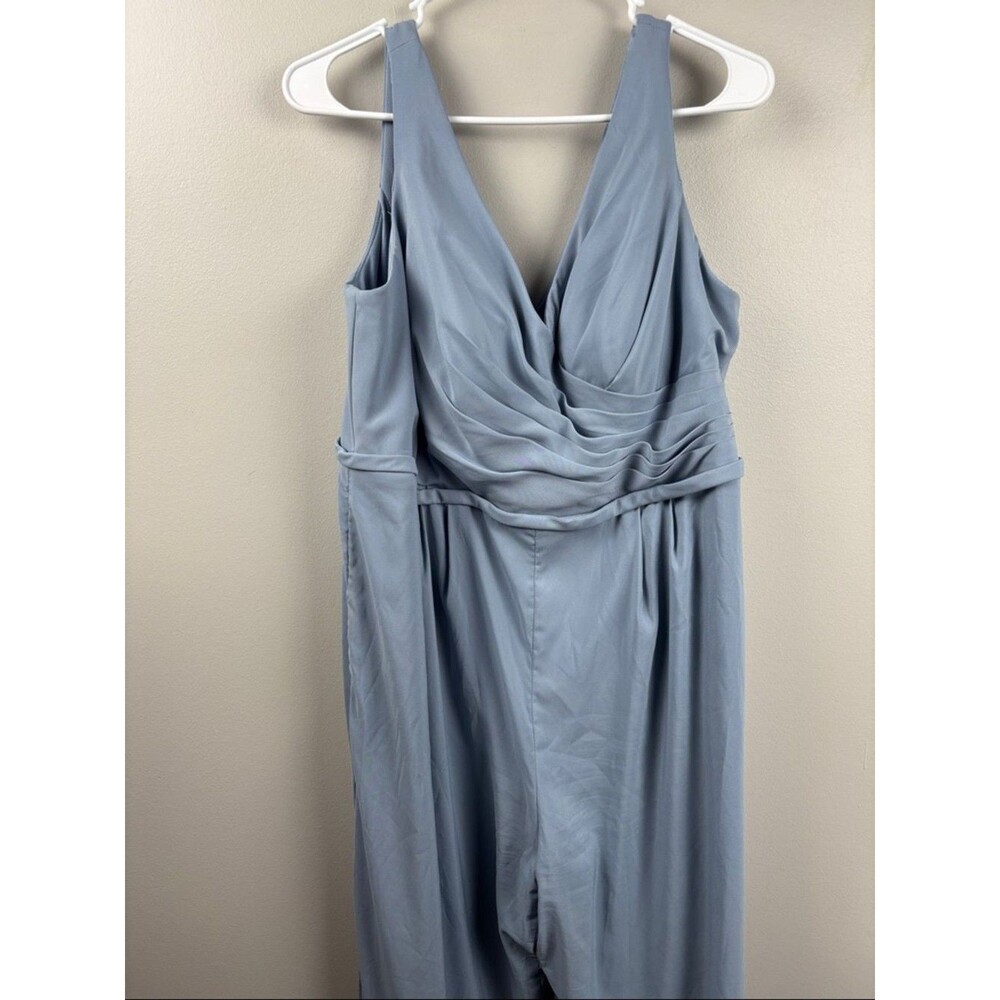 Azazie formal Dusty Blue V-Neck Jumpsuit pleated bodice A18 pockets bridesmaid